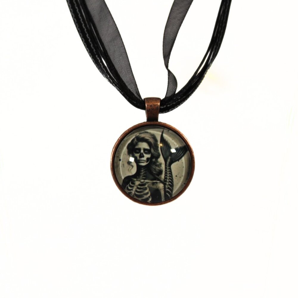 🔨 Skeleton Mermaid Gothic Ribbon Necklace – Handmade